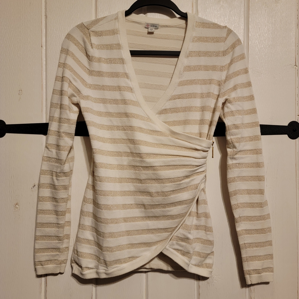 Guess Y2K Cream Metallic Gold Striped Knit Preppy Classic Wrap Size Medium
